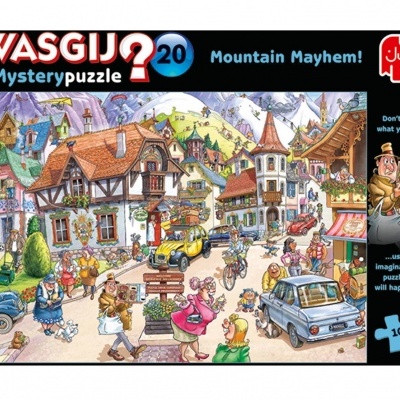 Capa de puzzle Wasgij Mystery puzzle 20 Mountain Mayhem com ilustração de vila montanhosa e várias pessoas