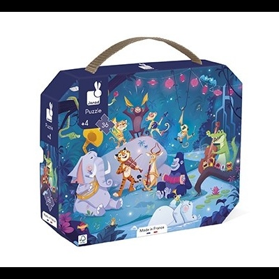 Caixa de puzzle Janod com ilustração de animais numa floresta à noite