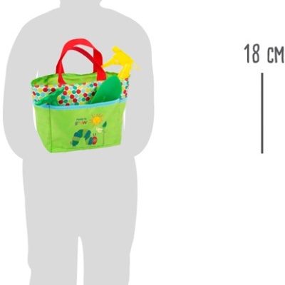 Saco de brincar verde com ferramentas de brinquedo e alças vermelhas