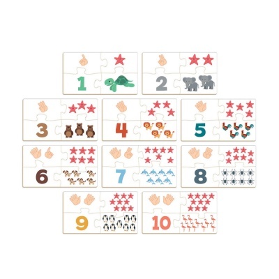 Peças de puzzle de madeira com números e ilustrações de animais