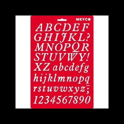 Stencil vermelho com letras e números brancos e texto MEYCO