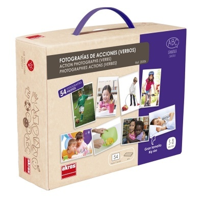 Caixa de material didático para crianças com imagens de ações e texto informativo