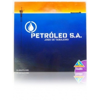 Caixa azul e laranja de jogo de tabuleiro PETRÓLEO S.A.