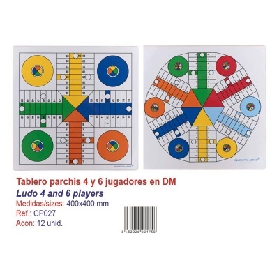 Dois tabuleiros de jogo para 4 e 6 jogadores com peças coloridas e texto com especificações