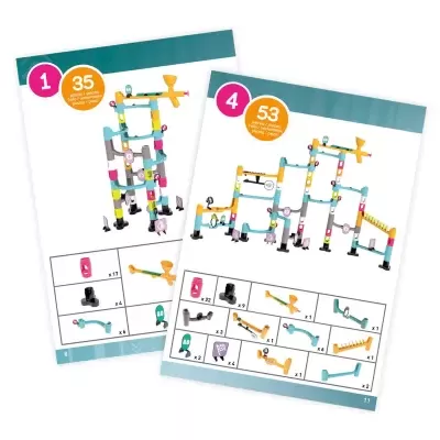 Manuais de instruções para brinquedo de pista de bolas em plástico colorido com contagem de peças.