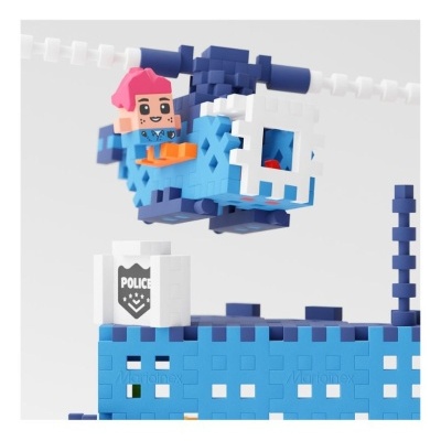 Brinquedo de bloco de construção helicóptero azul, personagem e placa POLICE
