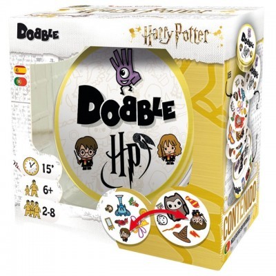 Caixa do jogo Dobble edição Harry Potter, com cartas e personagens ilustrados