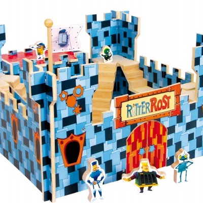 Castelo de brinquedo azul com figuras e placa 'RITTER ROST'
