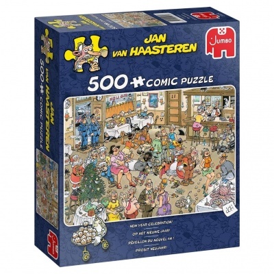 Caixa azul de puzzle de 500 peças com ilustração de festa de Jan van Haasteren