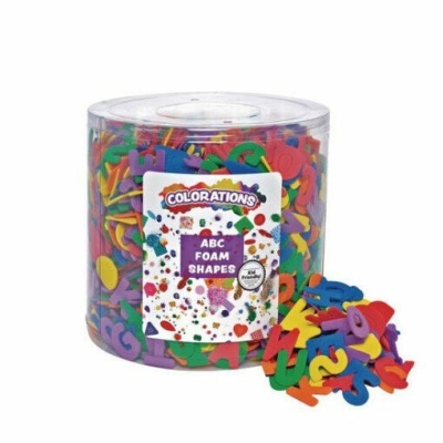 Frasco plástico com letras e números de espuma coloridos