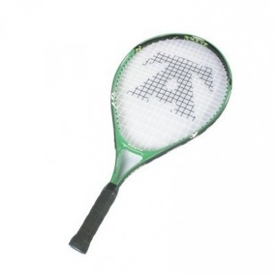 Raquete de ténis verde com cabo preto e cordas brancas com logótipo preto.