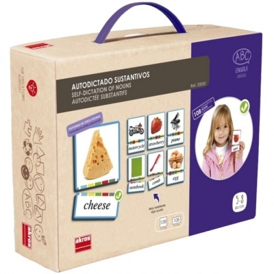 Caixa educativa de autodidático de substantivos com imagens e texto em várias línguas.