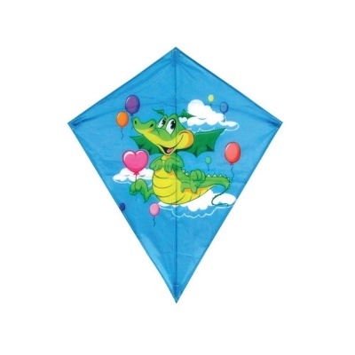 Pipa azul com desenho de dragão verde e balões coloridos