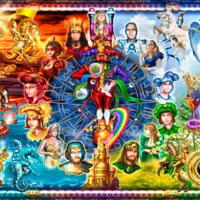 Ilustração colorida dos doze signos do zodíaco dispostos em círculo com símbolos místicos