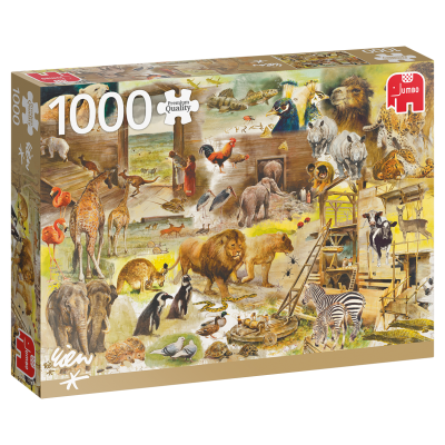 Caixa de puzzle de 1000 peças com ilustração de vários animais salvagens coloridos.