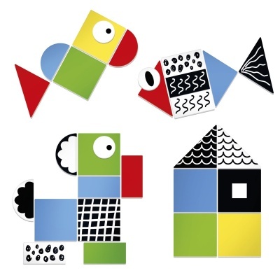 Peças geométricas coloridas formando animais e casa