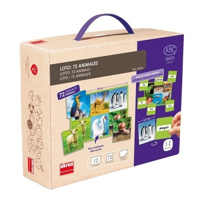 Caixa de jogo de loto com 72 animais, embalagem de papelão com alça roxa