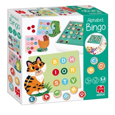 Embalagem colorida do jogo Alphabet Bingo com letras e desenho de animais.