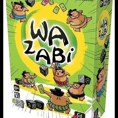 Caixa de jogo de cartas WA ZABI com desenhos de sumos em fundo verde e amarelo