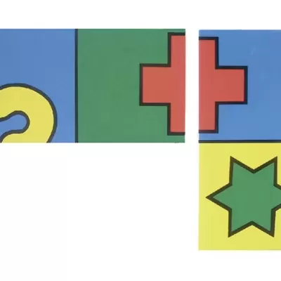 Quatro quadrados coloridos com um número 2, uma cruz vermelha, e uma estrela verde