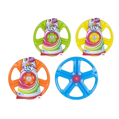 Quatro frisbees coloridos com etiquetas LET'S FLY sobre fundo branco