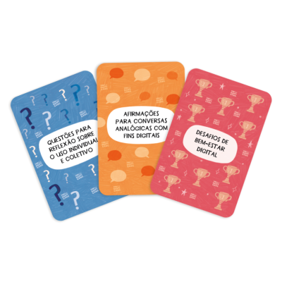 Três cartas coloridas para reflexão sobre uso digital, cada uma com texto distinto.