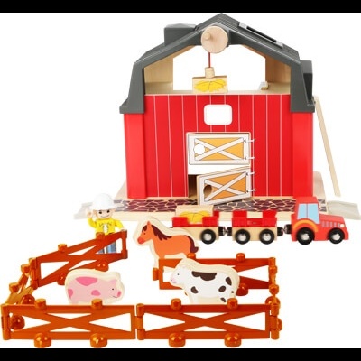 Brinquedo de celeiro com animais, trator e boneco em madeira