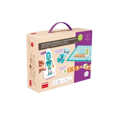 Embalagem do jogo educativo Akros de robótica com robôs e tabuleiro colorido
