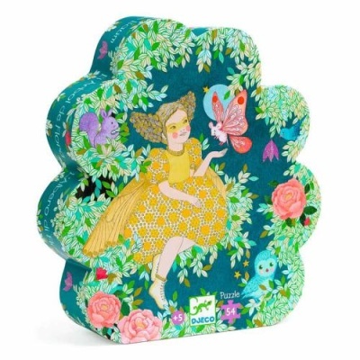 Caixa de puzzle com ilustração de uma rapariga amarela entre flores e animais