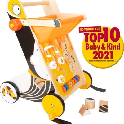 Carrinho de brinquedo de madeira com painel de atividades e selo TOP 10 Baby & Kind 2021