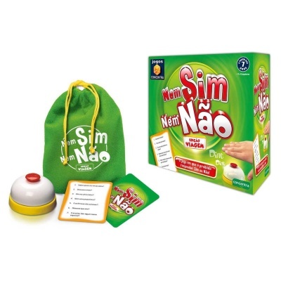 Jogo Ném Sim Ném Não com saco verde, campainha, cartas e caixa verde