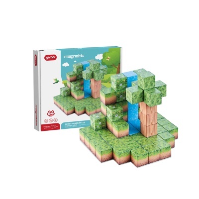 Cubos magnéticos de madeira com padrões de grama, água e tronco numa caixa Giros