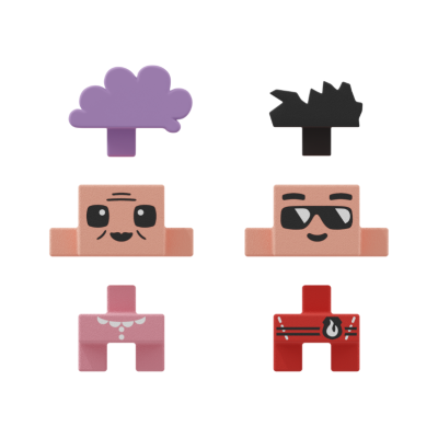 Peças coloridas para montagem de figuras com cabelo, rosto e corpo distintos