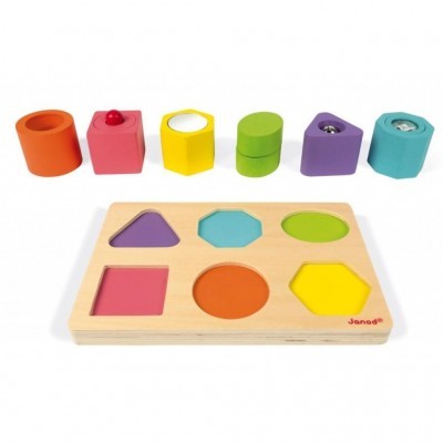 Brinquedo educativo de madeira com formas geométricas coloridas e base Janod