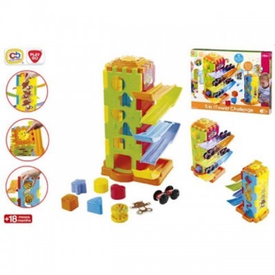 Brinquedo Torre de desafio 5 em 1 com rampas e blocos coloridos