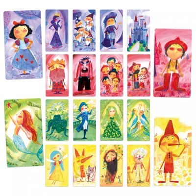 Cartas ilustradas de contos de fadas com personagens e castelo colorido