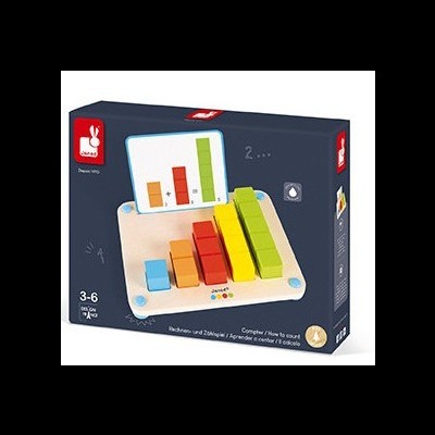 Brinquedo educativo de madeira colorida com base clara e peças para ensinar matemática