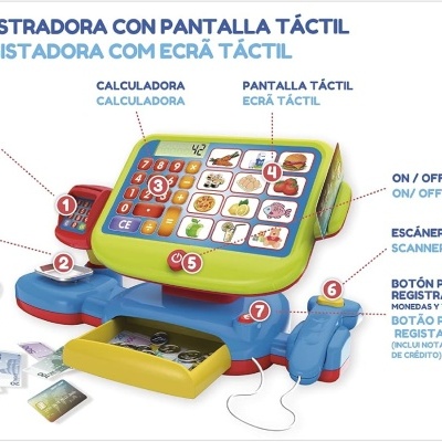 Caixa registadora de brinquedo colorida com ecrã táctil e acessórios