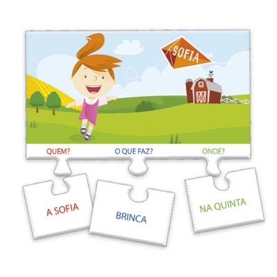 Jogo educativo com puzzle e ilustração de menina na quinta