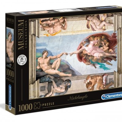 Puzzle de 1000 peças da obra A Criação de Adão de Michelangelo, embalagem preta da Coleção Museum Clementoni.