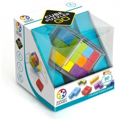 Jogo de puzzle CUBE PUZZLER GO em embalagem com cubo transparente e peças coloridas