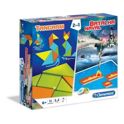 Embalagem do jogo infantil 2 em 1 Tangram e Batalha Naval Clementoni azul e branca com imagens de jogos.