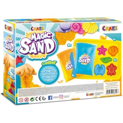 Caixa do jogo Magic Sand com areia colorida e molde de formas marinhas