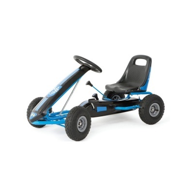 Carrinho de pedal azul com assento preto e pneus de borracha
