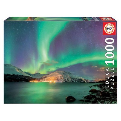 Caixa de puzzle EDUCA 1000 peças com imagem de aurora boreal sobre montanhas e água