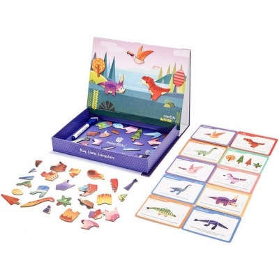 Jogo magnético de dinossauros com cartas e caixa ilustrada