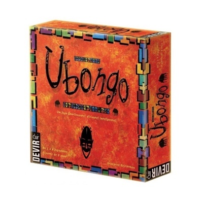 Jogo de tabuleiro Ubongo com caixa laranja e bordas coloridas