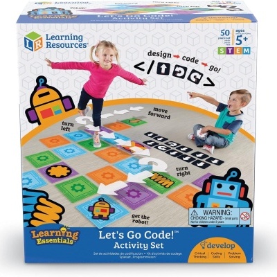 Embalagem do conjunto de atividades 'Let's Go Code!' com peças de jogo coloridas e ilustrações de robôs.