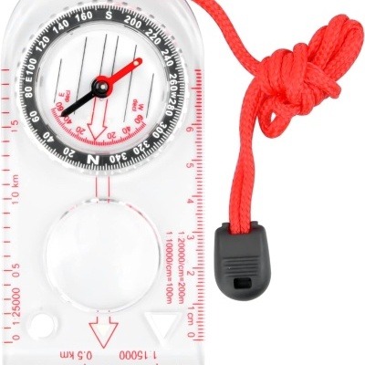 Bússola de base transparente com cordão vermelho e ponteiros vermelhos e pretos