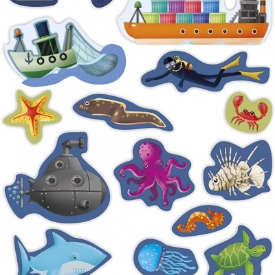 Autocolantes de animais e objetos marinhos coloridos com bordas brancas
